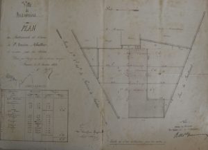Plan des bâtiments et cours du premier abattoir, place Barante, 1872. Archives Municipales Bressuire, 1 M 21