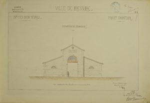 Plan du deuxième abattoir (Saint-Cyprien) dressé par l'architecte Roffay, 1871. Archives Municipales Bressuire, 1 M 108