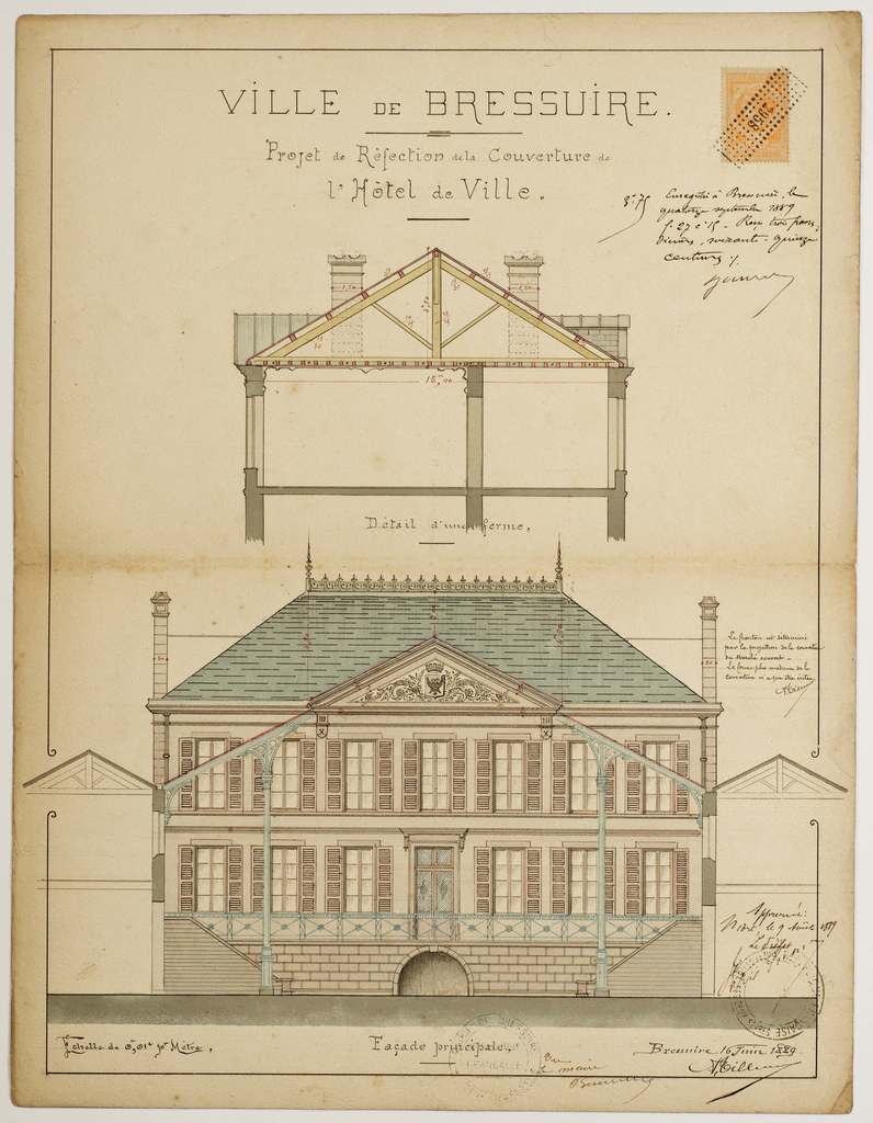 Projet de réfection de la couverture de l'hôtel de ville. Façade principale. Architecte Tilleau. 1889